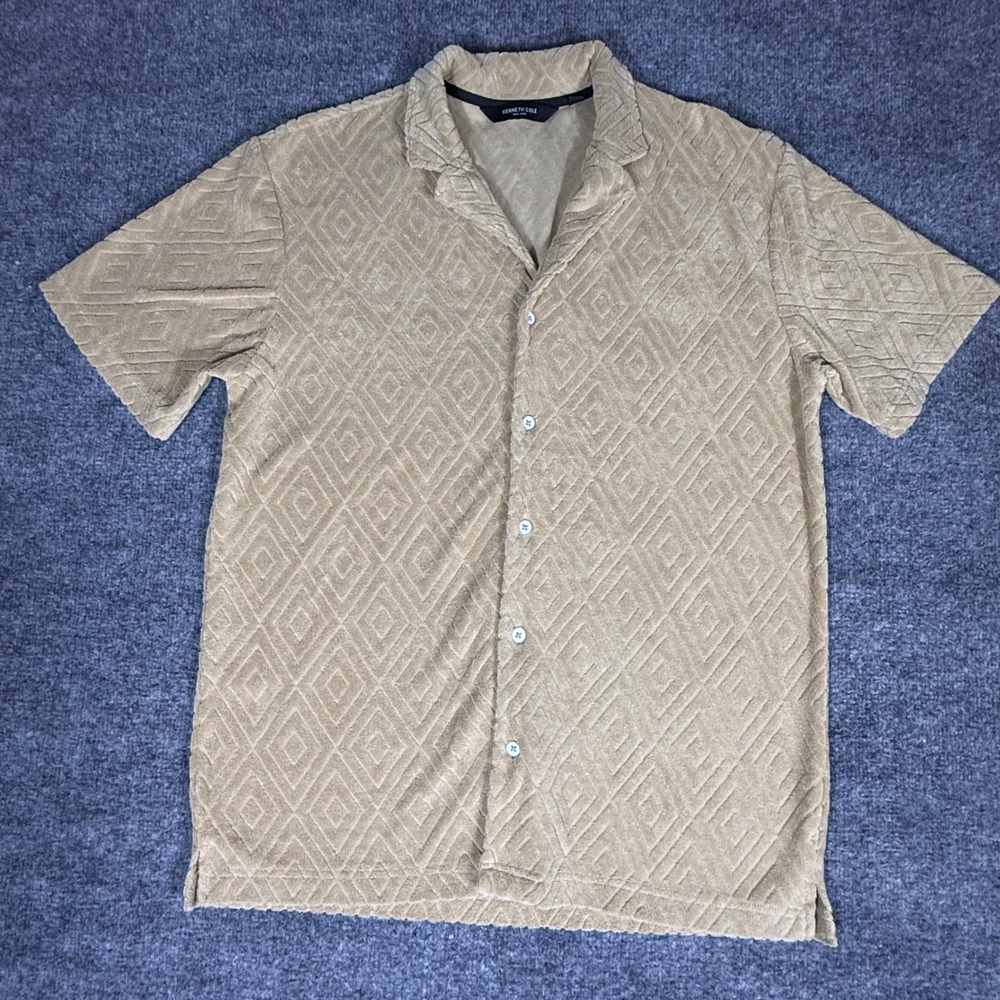 Kenneth Cole New York Mens Tan Geometric Terry Camp Shirt Large